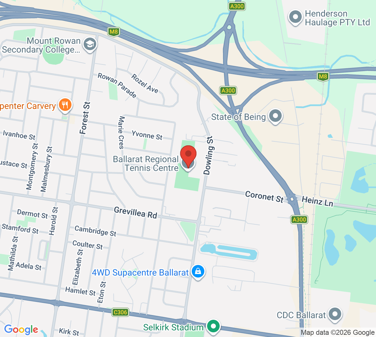 Map of Ballarat Regional Tennis Centre