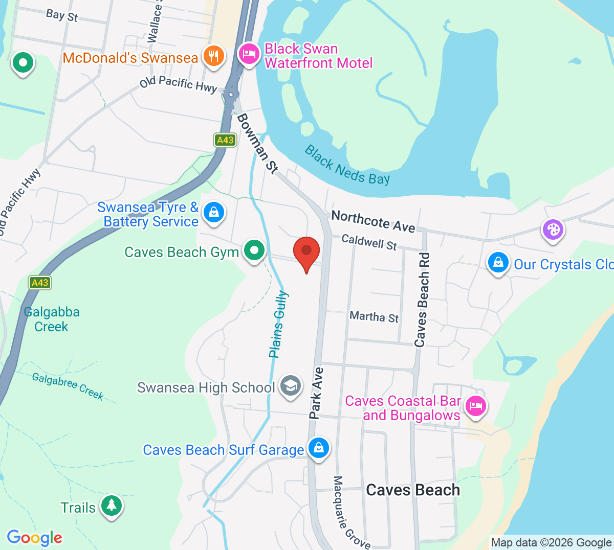Map of Caves Beach Tennis Court