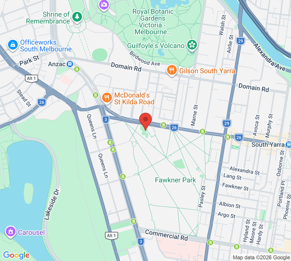 Map of Fawkner Park Tennis Centre