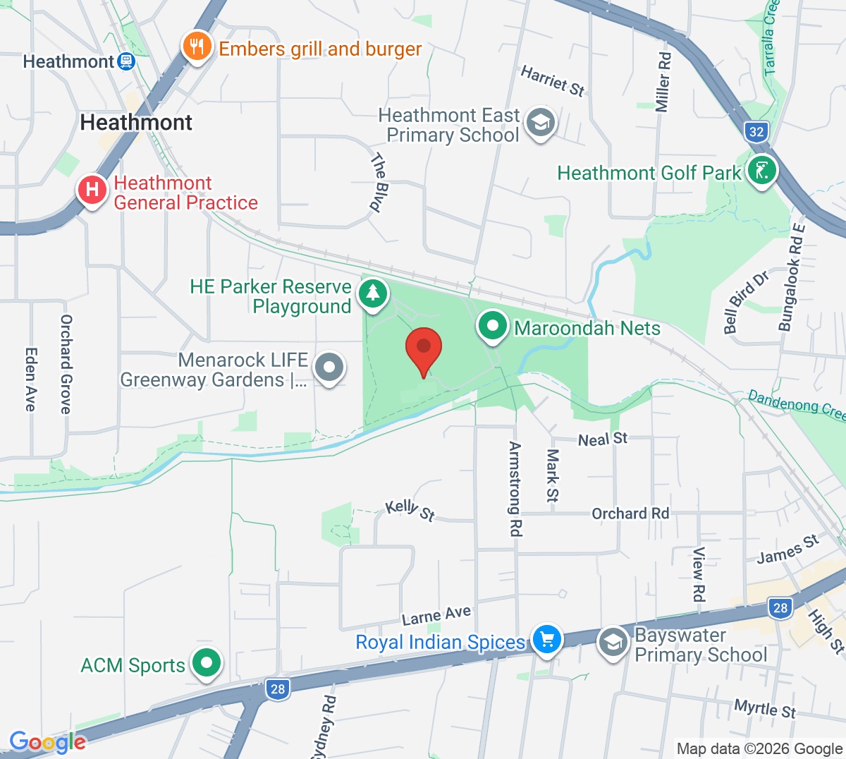 Map of Heathmont Parker Reserve Tennis Club