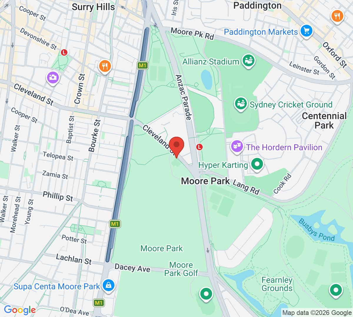 Map of Moore Park Tennis Courts
