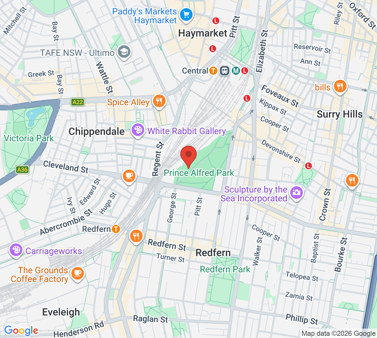 Map of Prince Alfred Park Tennis Courts, City Community Tennis