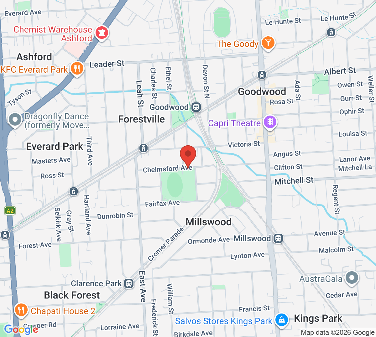 Map of Tennis SA Millswood Complex (Goodwood Saints Tennis Club)