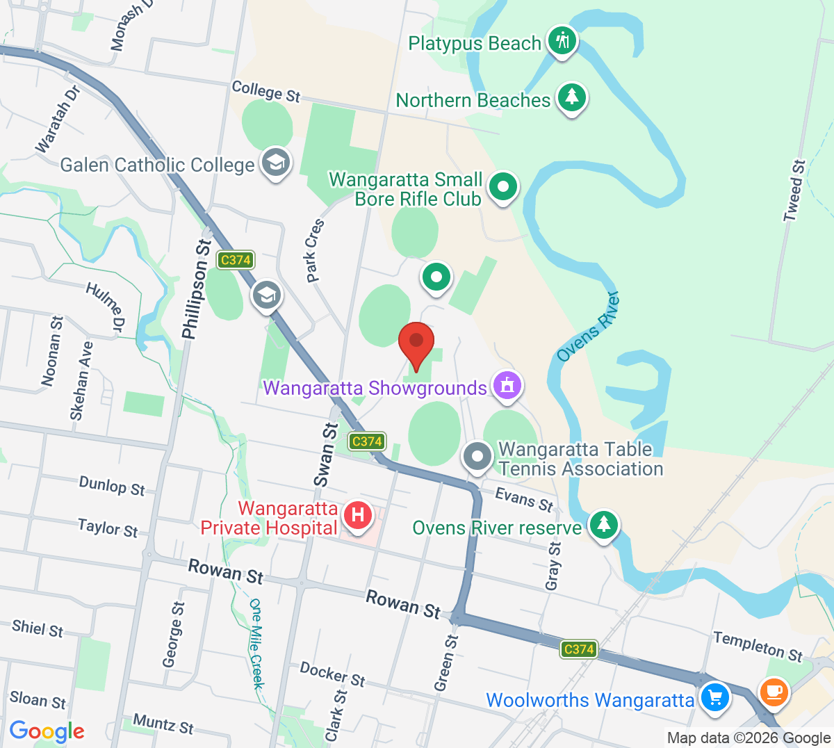 Map of Wangaratta Hardcourt Tennis Association