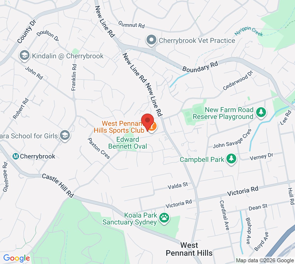 Map of West Pennant Hills Sports Club